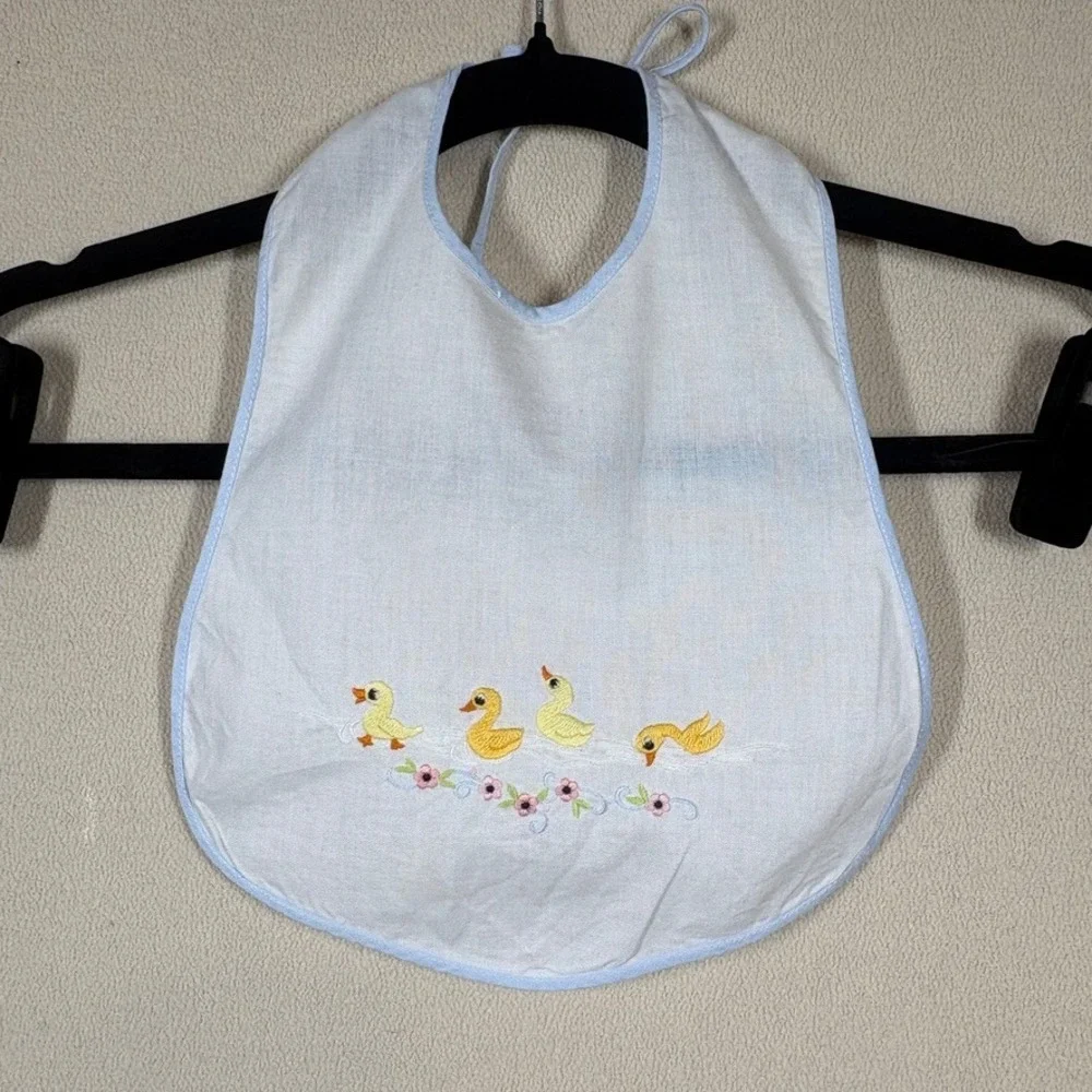 Vintage Baby Bib Embroidered Yellow Ducks Pink Flowers Blue Trim Tie Back White